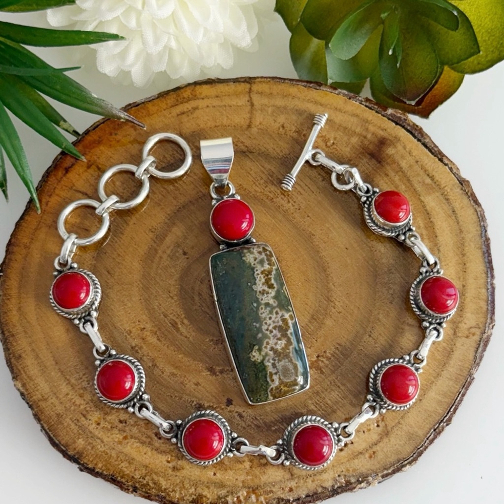 Southwest Jewelry Set Ocean Jasper & Red Coral Pendant Coral Bracelet New 925